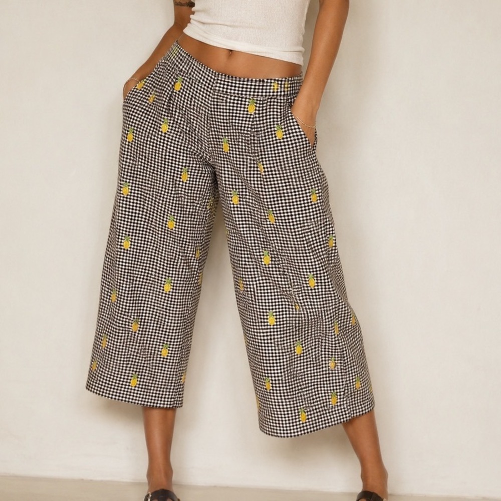 Peter Martin Silk Gingham Wide Leg Pants Size 12 Pineapple Embroidered Vintage